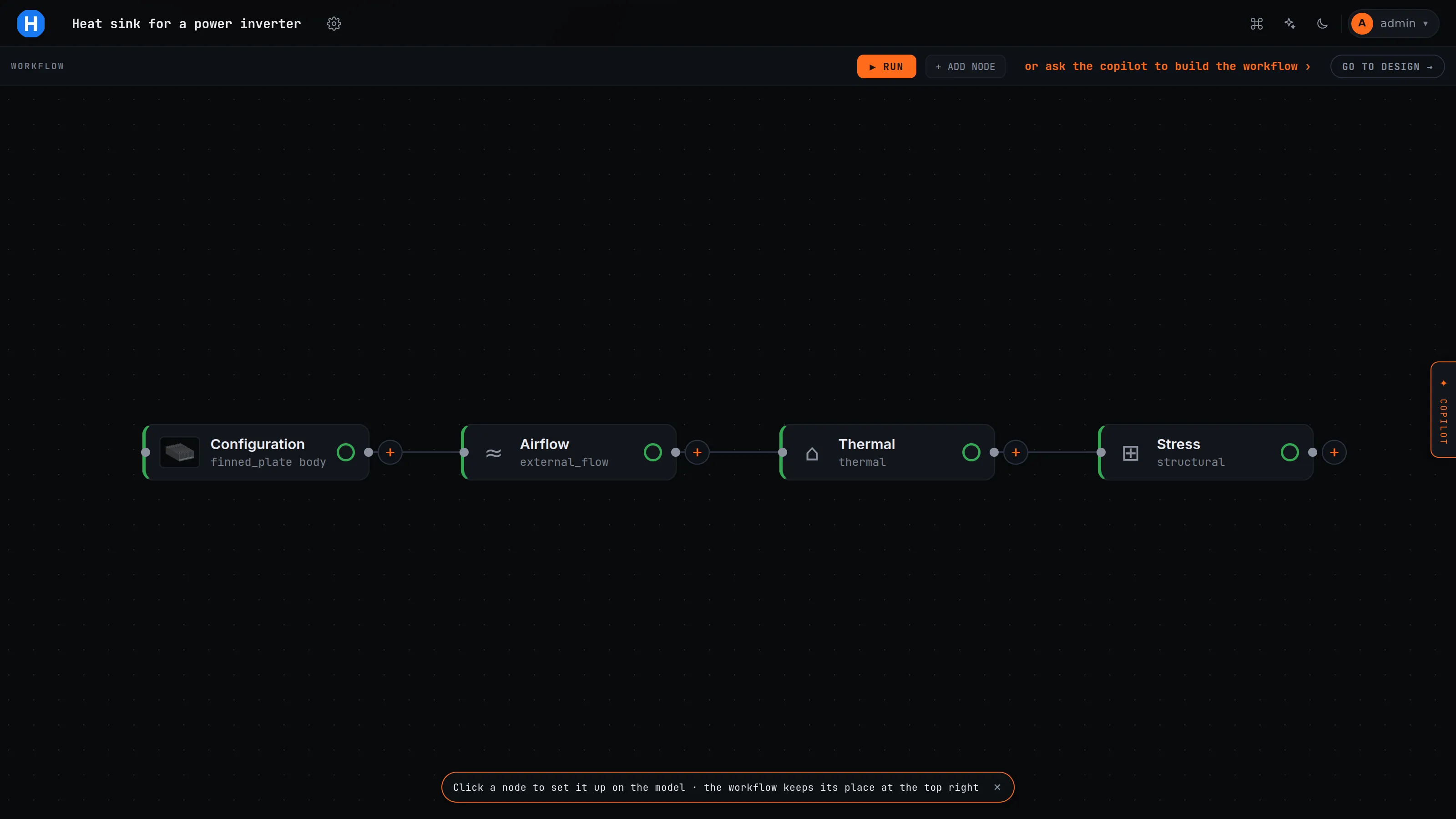 The workflow canvas with four chained nodes: Configuration (finned_plate body), Airflow (external_flow), Thermal (thermal), Stress (structural), each with its status ring, a RUN button and 'GO TO DESIGN' at the top right.