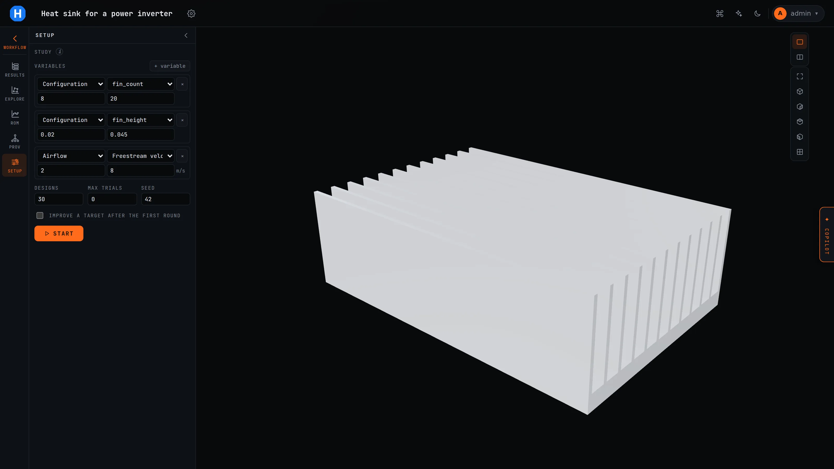 The study setup: three variables (fin_count 8 to 20, fin_height 0.02 to 0.045 m, freestream velocity 2 to 8 m/s), 30 designs, seed 42, a START button.