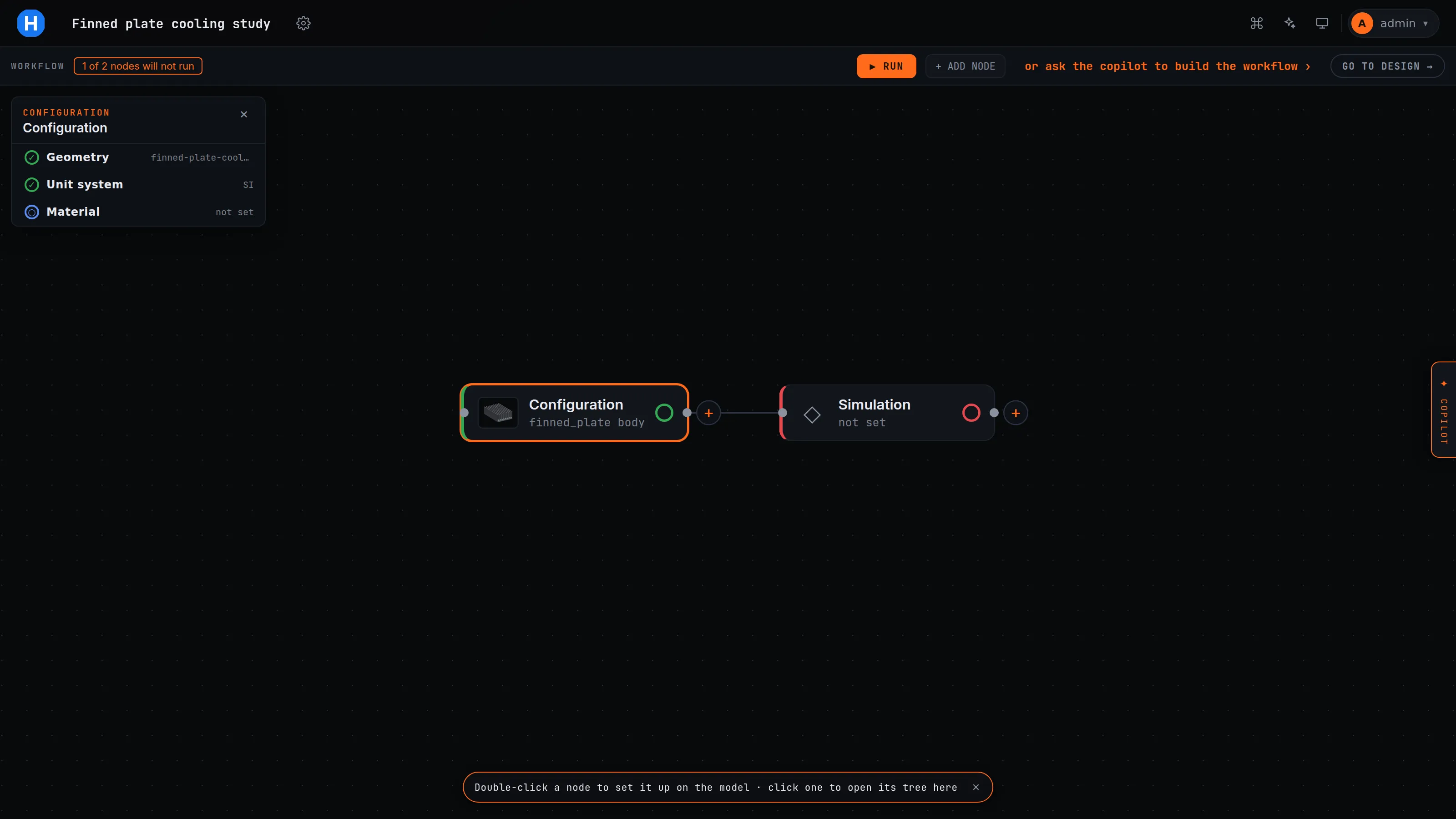 The workflow canvas right after geometry arrives: a Configuration node holding the finned_plate body with a green ring, joined to a Simulation node marked 'not set' with a red ring, the Configuration setup tree open on the left and '1 of 2 nodes will not run' in the bar.