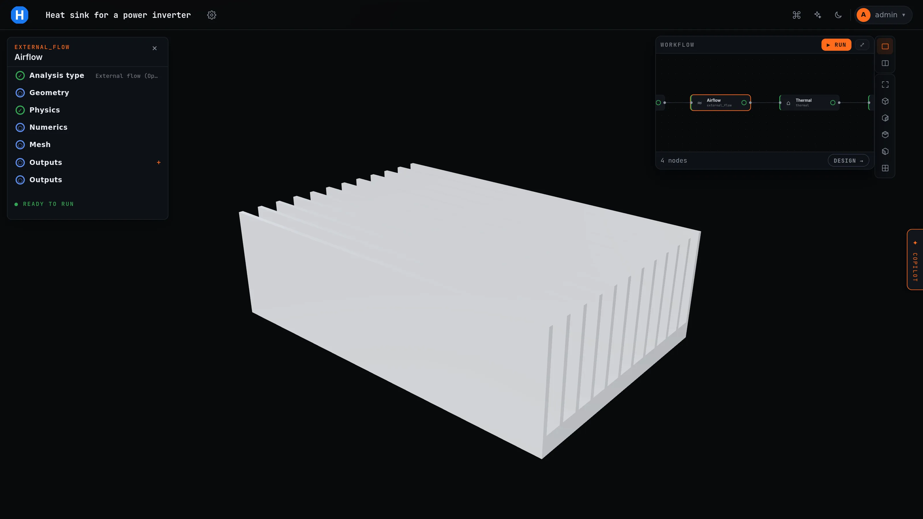 The Airflow node's setup tree (Analysis type, Geometry, Physics, Numerics, Mesh, Outputs, READY TO RUN) beside the finned part in the viewport, the workflow pinned as a small card top right.